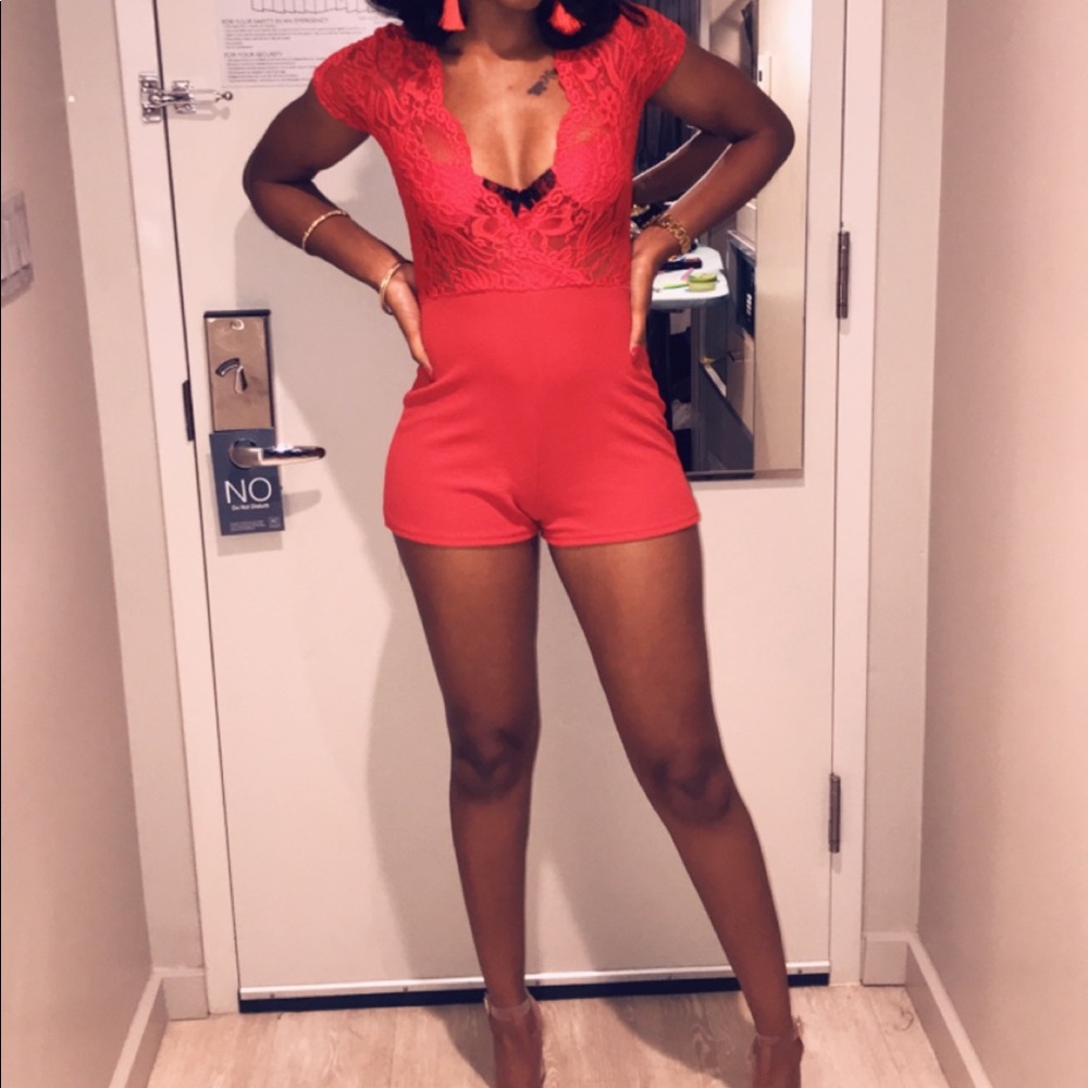 Prettylittlething Red Lace Top Romper